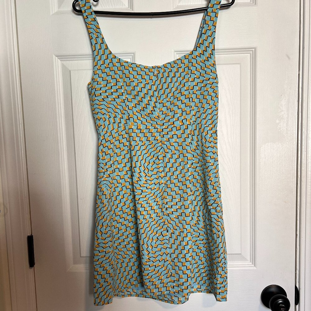 Light Blue Yellow Checkered Pattern Mini Dress - Small